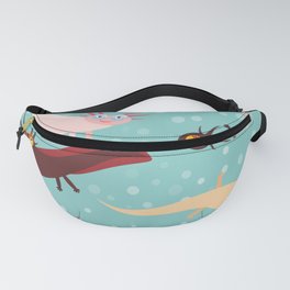 pattern Cute orange pink brown Axolotl Cartoon character on blue background in the aquarium Fanny Pack