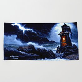 A lighthouse in the storm Beach Towel