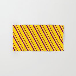 [ Thumbnail: Yellow and Purple Colored Lined Pattern Hand & Bath Towel ]
