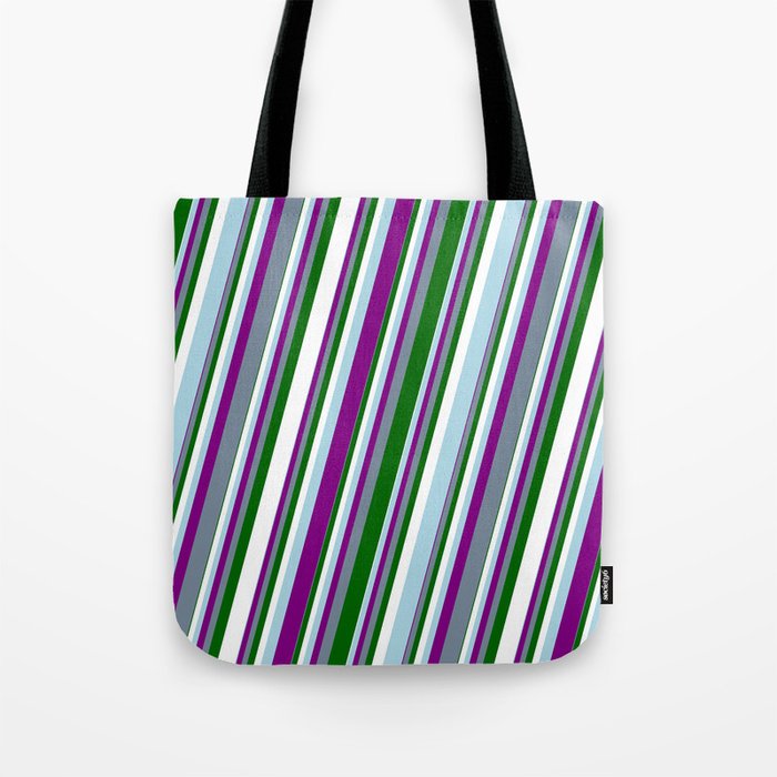 Light Blue, Purple, Light Slate Gray, Dark Green & White Colored Striped Pattern Tote Bag