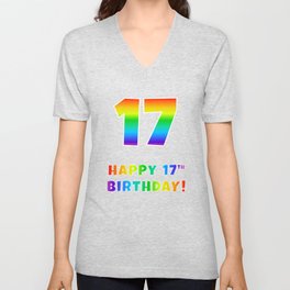 [ Thumbnail: HAPPY 17TH BIRTHDAY - Multicolored Rainbow Spectrum Gradient V Neck T Shirt V-Neck T-Shirt ]