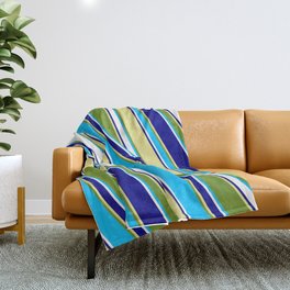 [ Thumbnail: Eyecatching Green, Deep Sky Blue, White, Blue, and Tan Colored Stripes/Lines Pattern Throw Blanket ]