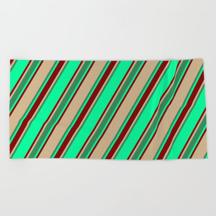 Green, Maroon, Tan & Sea Green Colored Lined/Striped Pattern Beach Towel