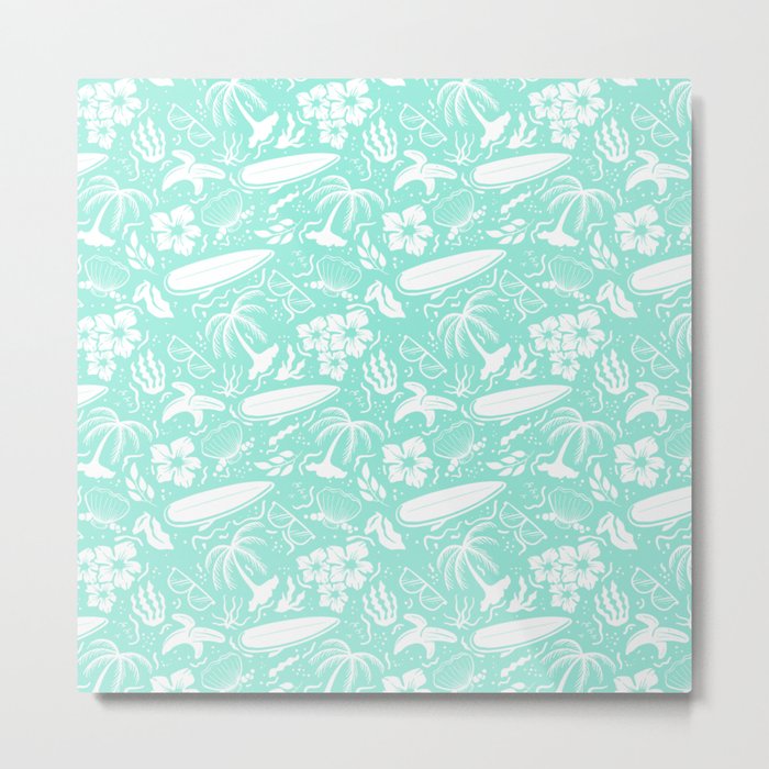 Mint Blue and White Surfing Summer Beach Objects Seamless Pattern Metal Print