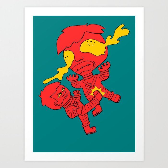 Astronaut getting kicked because the world needs this -- funny cartoon drawing in red and yellow Art Print