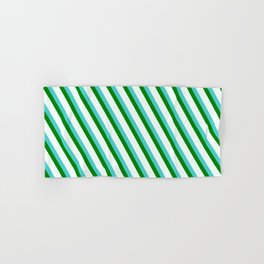 [ Thumbnail: Turquoise, Green & Mint Cream Colored Stripes Pattern Hand & Bath Towel ]