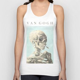 Vincent Van Gogh - Skull of a skeleton with burning cigarette (version with text & blue background) Unisex Tank Top