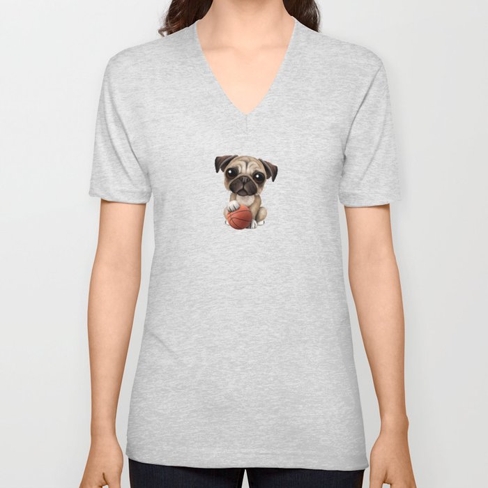 Cute Pug Puppy Dog Playing With Basketball Unisex V Neck By