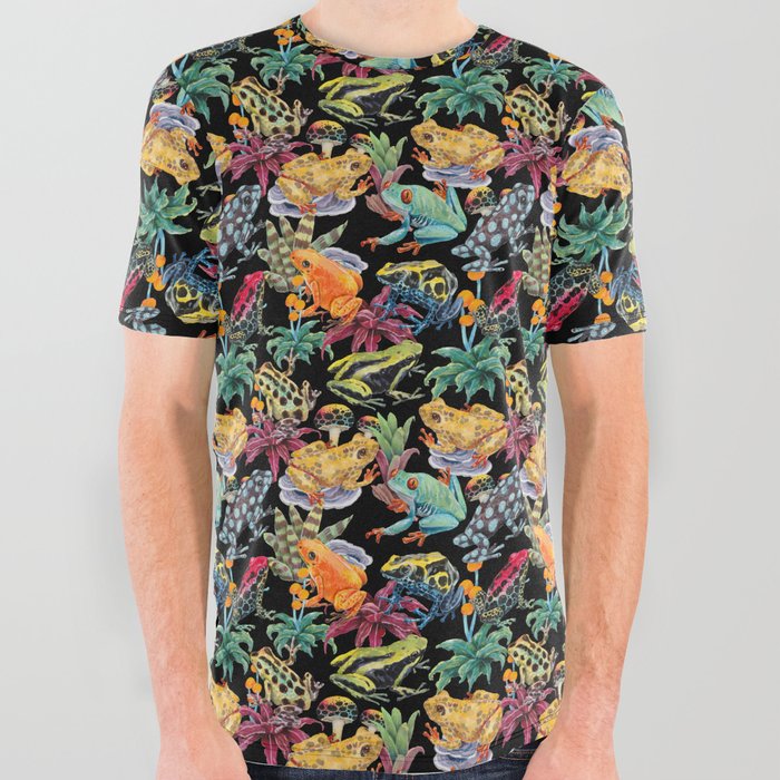Tropical frogs and plant - black All Over Graphic Tee