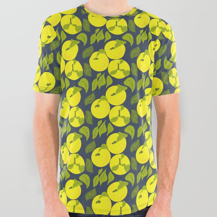 Mid-Century Modern Tropical Yuzu Fruit On Navy All Over Graphic Tee