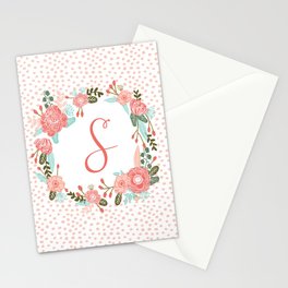 Monogram S - cute girls coral florals flower wreath, coral florals, baby girl, baby blanket Stationery Cards