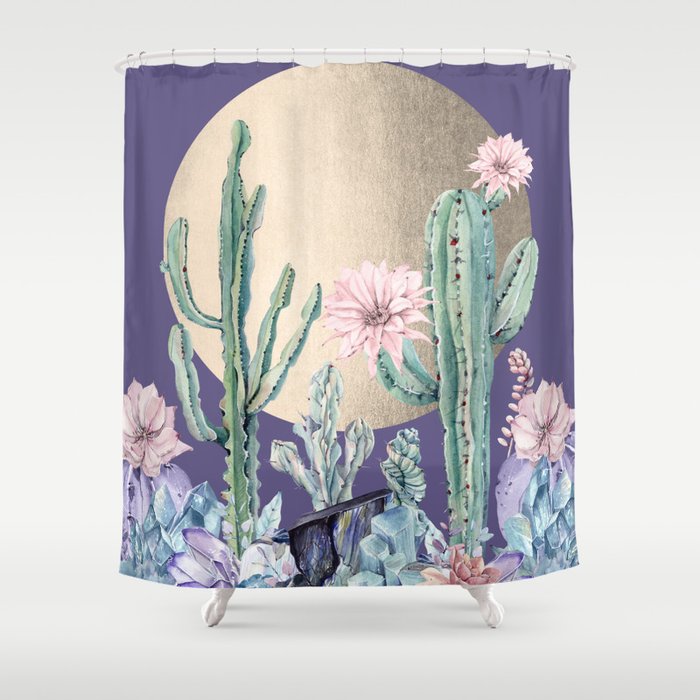 Desert Sun Cactus + Succulents Gold Deep Purple Shower Curtain