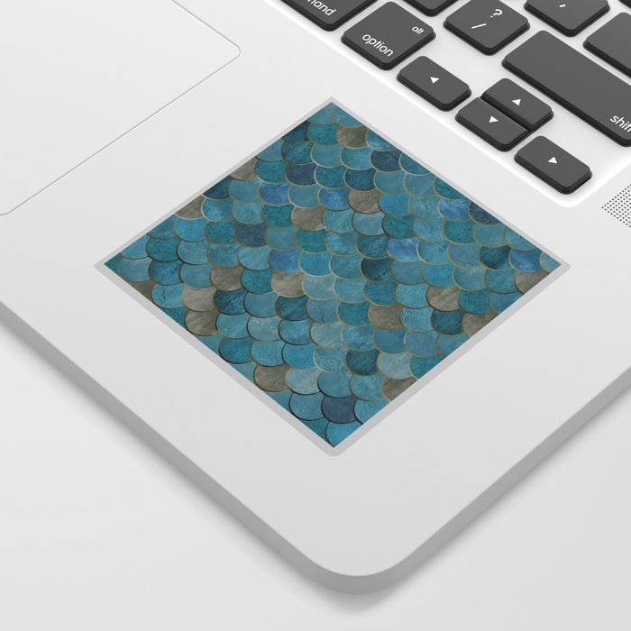 Moroccan Fish Scale Mermaid Pattern, Teal Blue and Gold Sticker