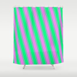 [ Thumbnail: Violet & Green Colored Lines/Stripes Pattern Shower Curtain ]