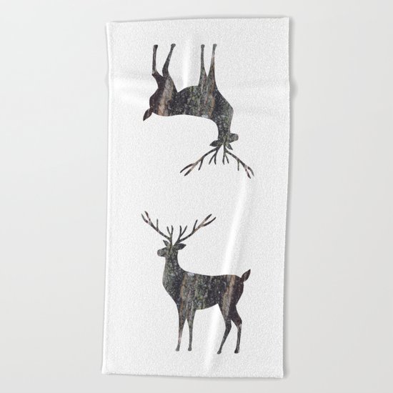 deer silhouette stag black bark with lichen Beach Towel
