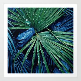 Blue Droplets on Emerald Palms 02 Art Print