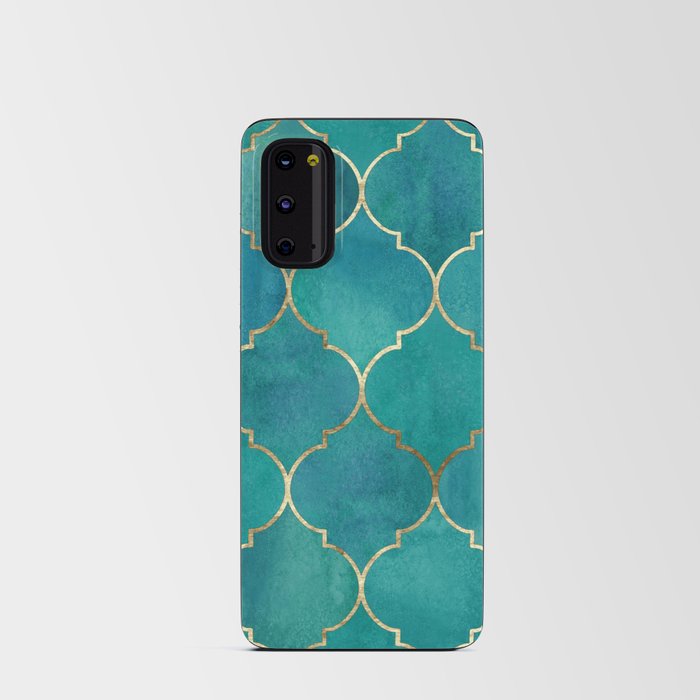 Turquoise Teal Golden Moroccan Quatrefoil Pattern II Android Card Case