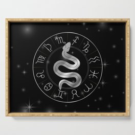 Zodiac symbols astrology signs with mystic serpentine in silver Serving Tray