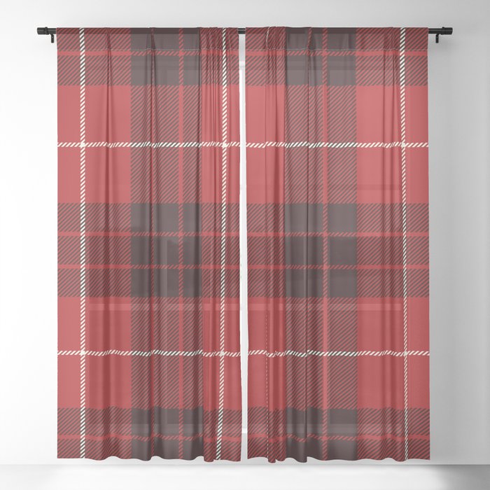 Dark Red Tartan with Black and White Stripes Sheer Curtain