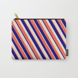 [ Thumbnail: Red, Blue & Beige Colored Striped Pattern Carry-All Pouch ]