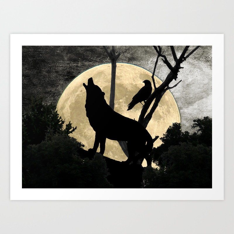 Howling Wolf Crow Moon Animal Black Bird Silhouette Art A388 Art