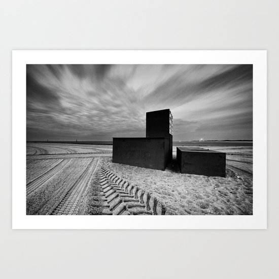 Three Locked Boxes on a Groomed Beach Before Dawn Art Print