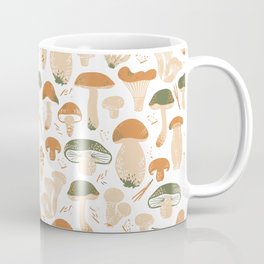 Edible Mushrooms seamless pattern. Linocut old style. Hand drawn Warm colors.  Coffee Mug