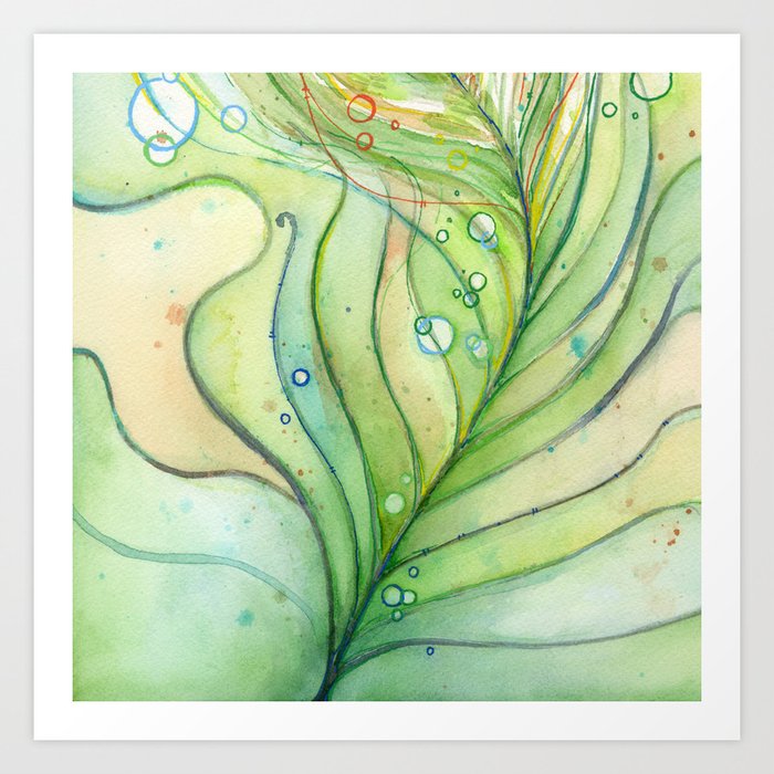 Green Watercolor Peacock Feather and Bubbles Art Print