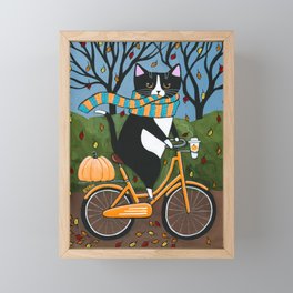 Tuxedo Cat Autumn Bicycle Ride Framed Mini Art Print
