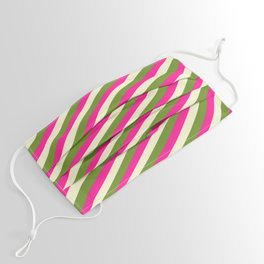 [ Thumbnail: Green, Deep Pink & Light Yellow Colored Lined/Striped Pattern Face Mask ]