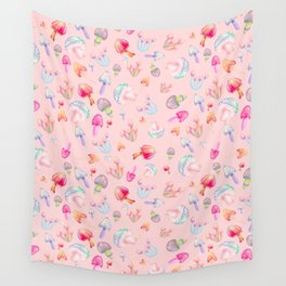psychedelic magic mushrooms watercolor pattern on pastel pink Wall Tapestry