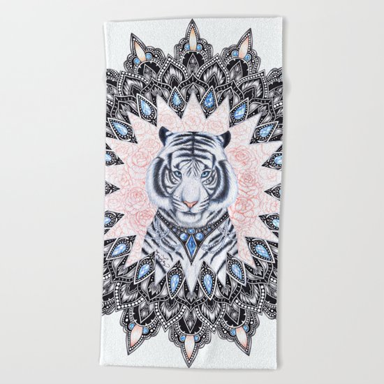 White Tiger Sapphire and Rose Mandala Beach Towel