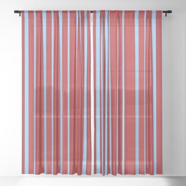[ Thumbnail: Red & Light Sky Blue Colored Striped/Lined Pattern Sheer Curtain ]