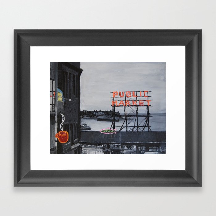 Pike Place Market - Black & White & Neon -Seattle Washginton Framed Art Print