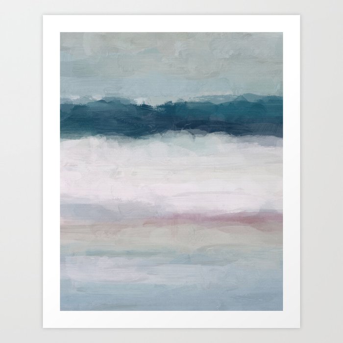 Lullaby Waves I - Dark Teal Blue White Pink Light Blue Modern Art, Ocean Waves Diptych Nursery Beach Art Print