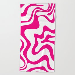 Retro Liquid Swirl Abstract Pattern in Y2K Hot Pink and White Beach Towel
