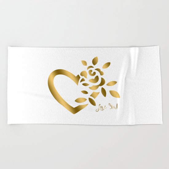 Gold Valentine Heart and Rose Beach Towel