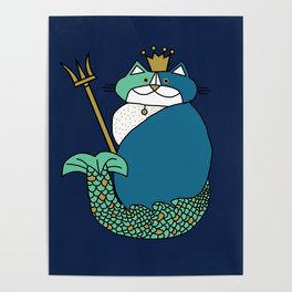 Blue Kevin the Cat Mermaid King Poster