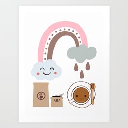 Raindrops coffee Art Print | Rainbow, Graphicdesign, Cocoa, Digital, Whimsical, Storytelling, Kids, Children, Smiley, Nursery 