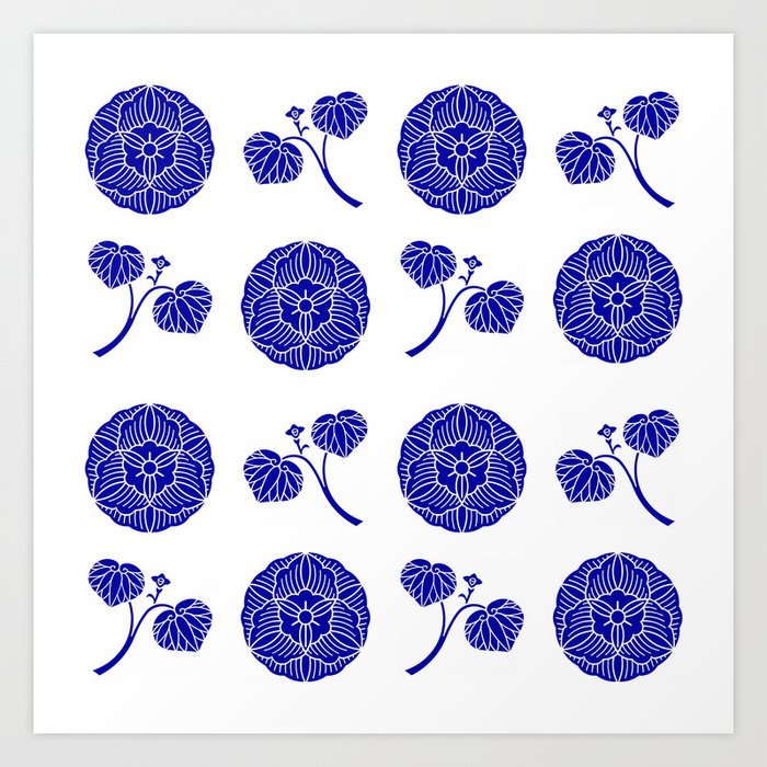 Lotus Flower and Leaf Blue and White Quilt Art Print