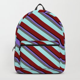 [ Thumbnail: Eye-catching Purple, Dim Gray, Turquoise, Dark Red, and Black Colored Lined Pattern Backpack ]