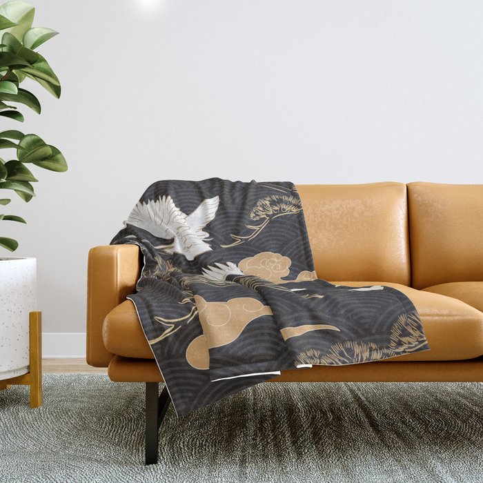 Japanese seamless pattern with crane birds and bonsai trees Throw Blanket