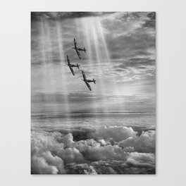 WWII Airforce flying aces flying in formation through columns, rays of sun flight pilot military black and white vintage photograph - photography - photographs Canvas Print