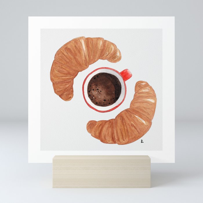 Watercolor coffee and croissant illustration Mini Art Print