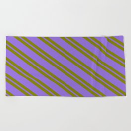 [ Thumbnail: Green & Purple Colored Striped Pattern Beach Towel ]