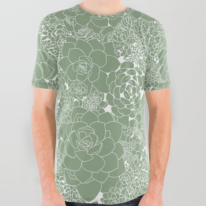 Succulent Line Drawing- Sage Green All Over Graphic Tee