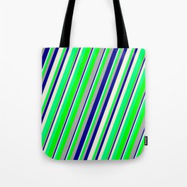 [ Thumbnail: Eyecatching Dark Gray, Dark Blue, Beige, Green & Lime Colored Striped/Lined Pattern Tote Bag ]