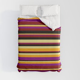 [ Thumbnail: Tan, Orange, Purple, Maroon, and Black Colored Striped/Lined Pattern Duvet Cover ]
