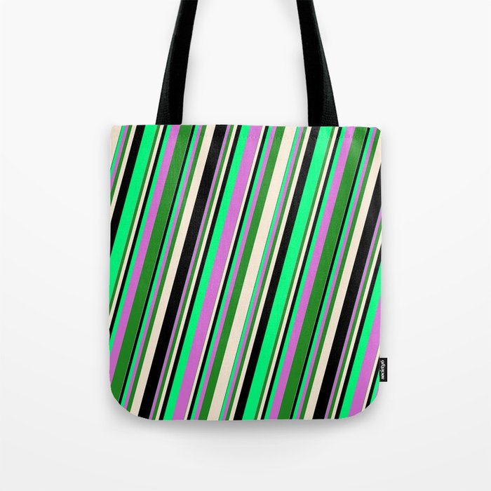 Vibrant Green, Orchid, Forest Green, Beige & Black Colored Striped Pattern Tote Bag