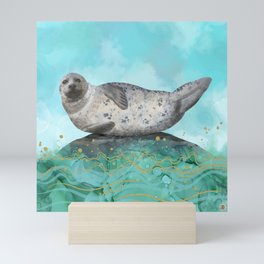Cute Alaskan Iliamna Seal in Banana Pose Mini Art Print